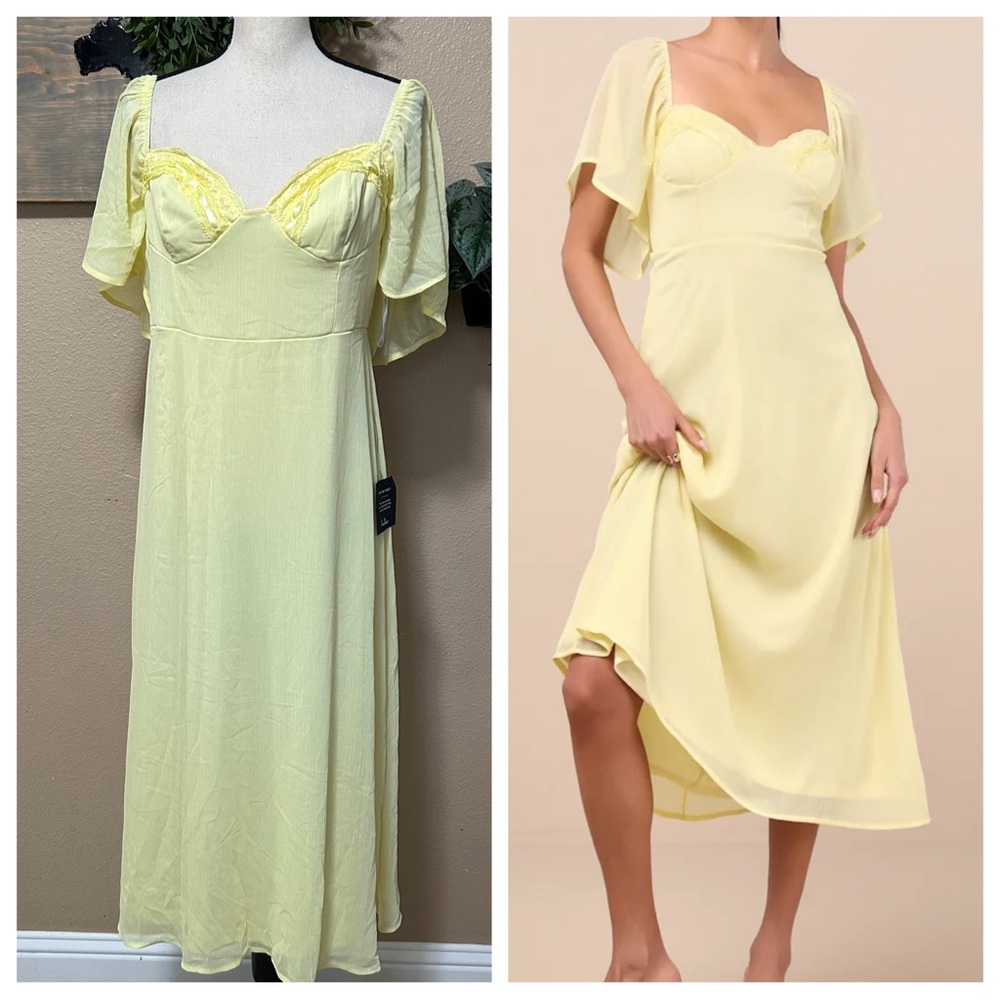 Valla Light Yellow Flutter Sleeve Midi Dress